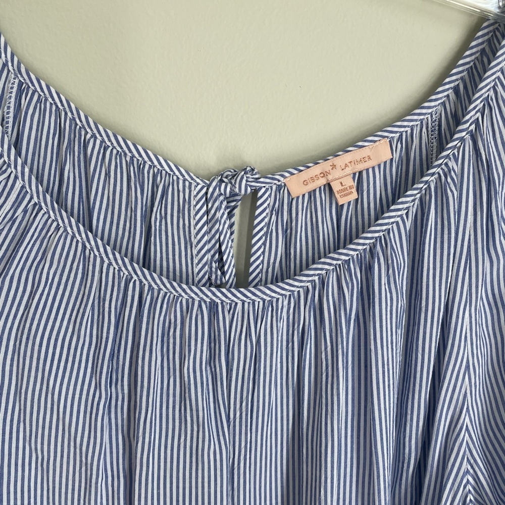 Gibson Latimer blue and white pinstripe tunic with ruffle sleeves